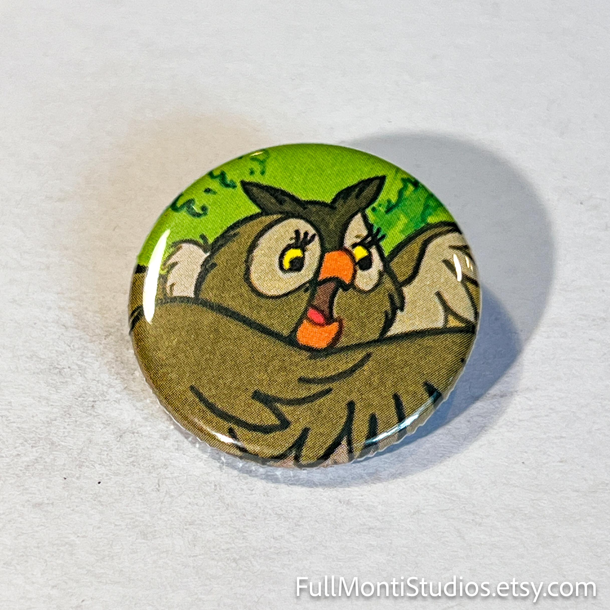 OWL - 1.25" Pinback Button Handmade from Vintage Children's Books - One of a Kind Button Pi
