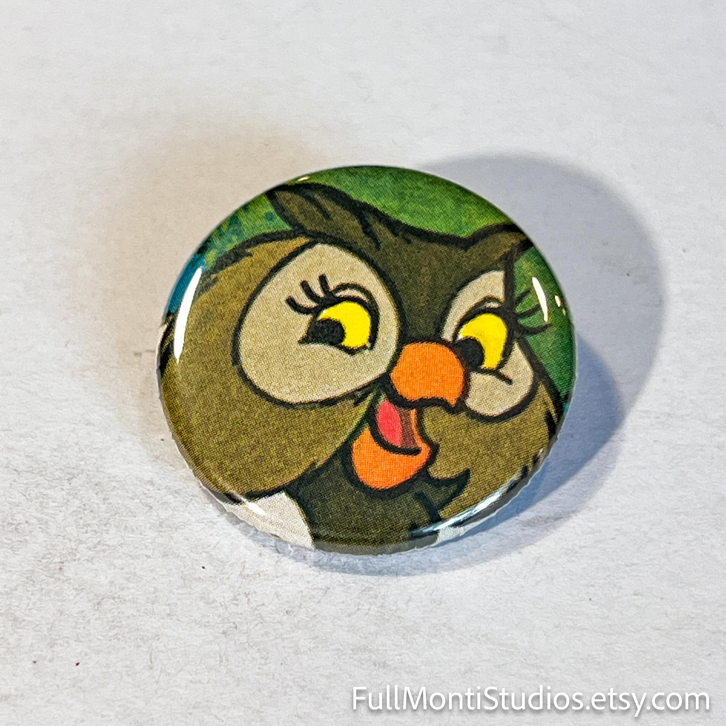 OWL - 1.25" Pinback Button Handmade from Vintage Children's Books - One of a Kind Button Pi