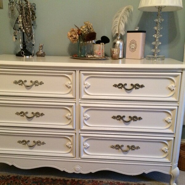 French Provincial Antique Dresser White Basset Brand BrigitteVintage Bureau BuffetTable Shabby Chic Furniture, Vintage Refurbished Furniture