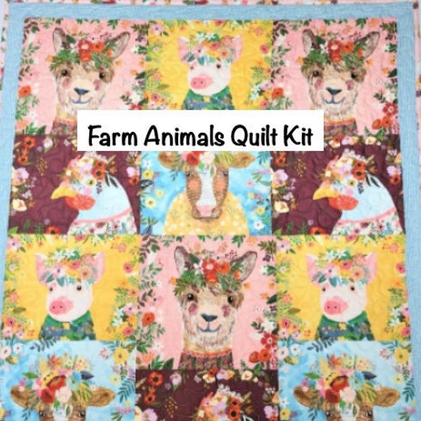 Boho Quilt Kit, Farm Animals, Baby Quilt, Llamas, Pigs, Cows, Chickens, Easy Quilt, DIY quilting, Baby Girl