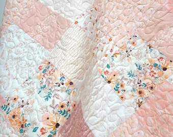 Farmhouse Baby Girl Quilt, Heirloom Quality, Crib Quilt, Patchwork, Blush Pink, Cream, Coral, Peach, and Mauve, Handmade