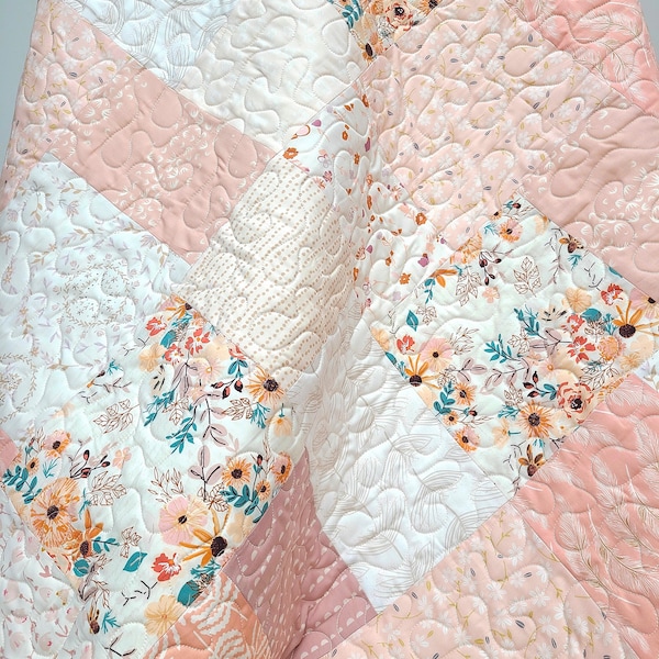 Farmhouse Baby Girl Quilt, Heirloom Quality, Crib Quilt, Patchwork, Blush Pink, Cream, Coral, Peach, and Mauve, Handmade