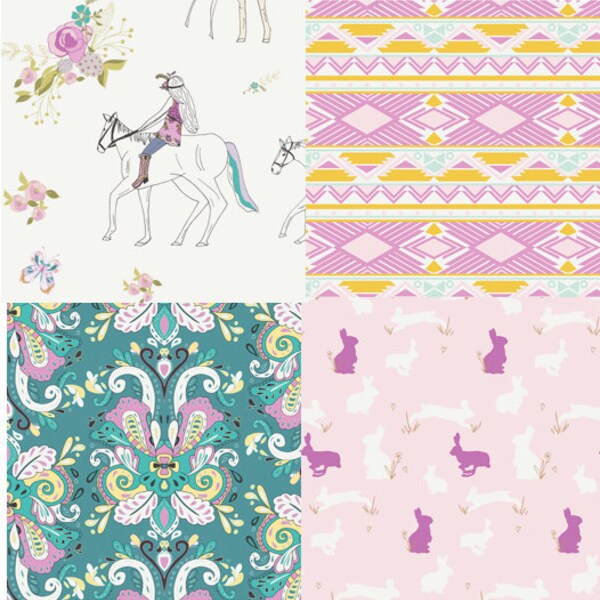 Horse Cotton Fabric Bundle, Boho Chic, Bohemian, Anna Elise, Art Gallery Fabric, Tribal, Bunny Rabbits, Pink Girl Fabric
