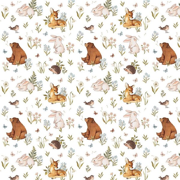 Bear Fabric, Spring Awakening, Woodland Quilting Cotton, STELLA-DNS2513, WHITE, bears, fawns, fox, floral