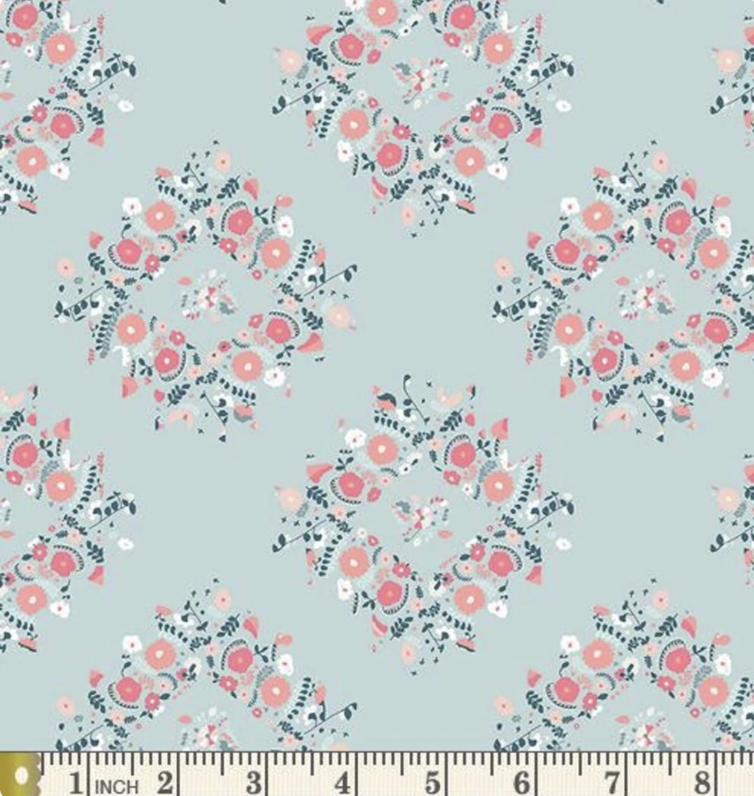 Floral Cotton Fabric: Joy Wreaths Ice, Art Gallery Blithe, Blue & Pink ...