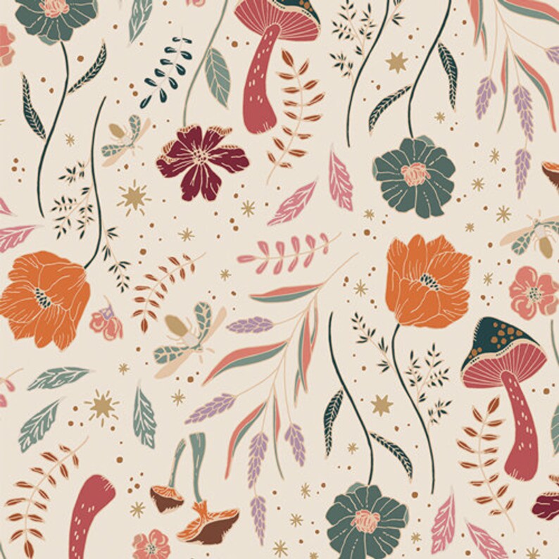 May include: A seamless pattern featuring a whimsical mix of flowers, mushrooms, and leaves in shades of red, orange, green, and purple on a cream background.