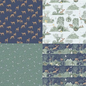 May include: Four different fabric patterns featuring woodland animals and nature scenes. The top left pattern is a dark blue background with a repeating pattern of brown deer. The top right pattern is a light blue background with a repeating pattern of green trees, brown deer, white birds, and brown rabbits. The bottom left pattern is a light green background with a repeating pattern of small brown birds. The bottom right pattern is a dark blue background with a repeating pattern of green trees, brown deer, white birds, and brown rabbits.