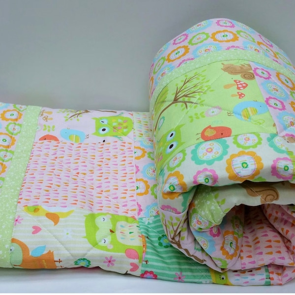 Baby Girl Quilt, Owl Quilts, Pink, Apple Green, Woodland Nursery Crib Bedding, Handmade, Soft Patchwork Quilt, Cot Blanket, READY TO SHIP