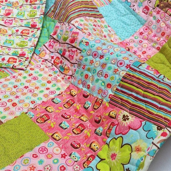 Baby Girl Quilt, Owls, Traditional, Modern Patchwork, Happy Flappers, Pink, Blue. Green, Brown, Riley Blake, Owl Baby Blanket, Handcrafted