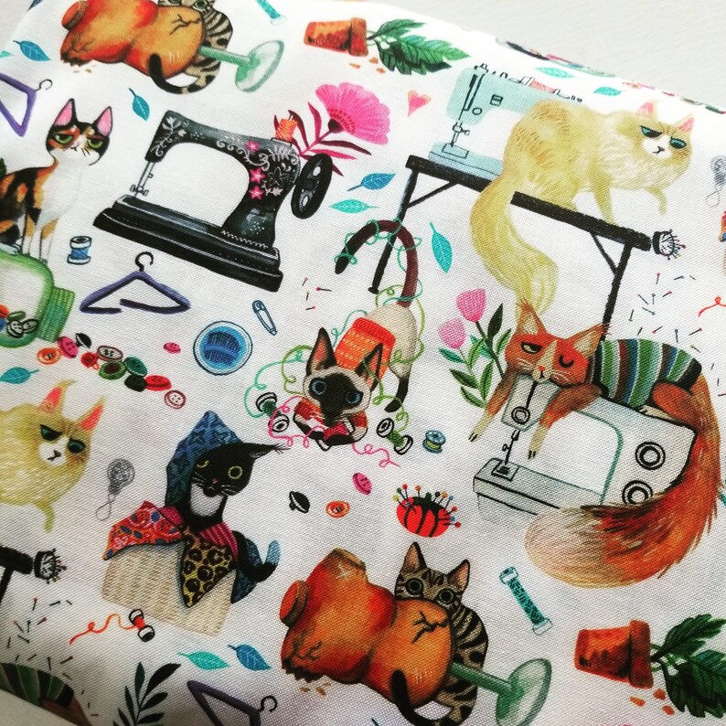 Cat Sewing Fabric Sew Mischievous Quilt Cotton Dear Etsy