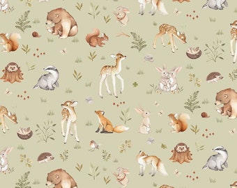 Woodland Quilt Cotton, Little Forest, Baby Animals, Fawn, hedgehogs, GREENWOOD STELLA-DNS2310, Laurel