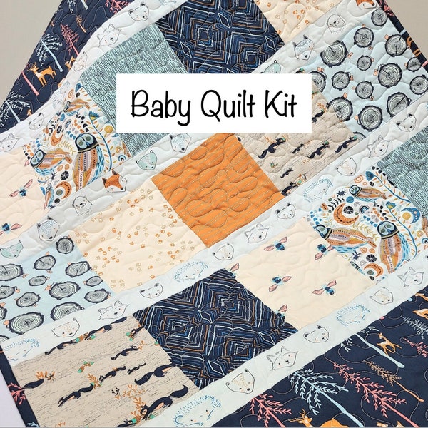 Kit de edredón para bebé con temática de bosque: Azul marino, azul, naranja, ciervo, zorro.