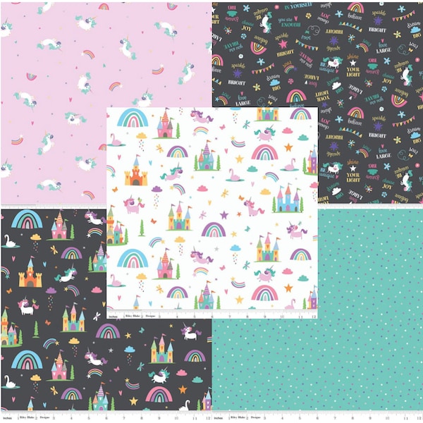 Unicorn Kingdom, Fat Quarter Bundle, Fabric Bundle, Riley Blake, Unicorns, 5 piece bundle, Pink, Black, and White