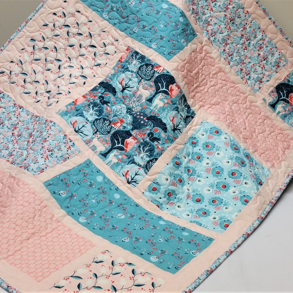 Organic Baby Quilt, Pink and Blue Floral, Lap, Floral, Modern Love, Woodland theme