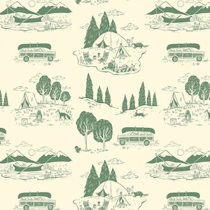 Camping Fabric, Gone Camping, Dear Stella, Baby Fabric, Camp Scenes, STELLA-DFG2504, Cream and green