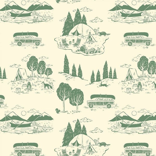 Camping Fabric, Gone Camping, Dear Stella, Baby Fabric, Camp Scenes, STELLA-DFG2504, Cream and green