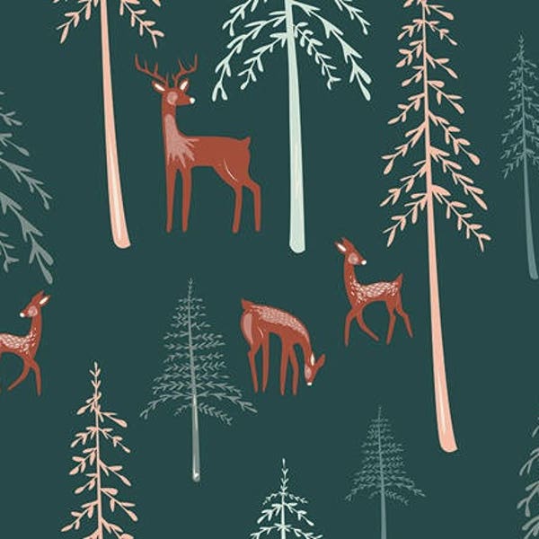 Woodland Fabric, Deer Fabric, By the Yard, Art Gallery Fabrics, Among the Pines, Campsite, Baby Quilt Material, Nursery Decor, Forest Green