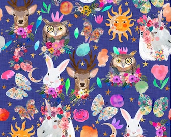 Woodland Animal Fabric, Magic Friends, Happy Friends, Mia Charro, Free Spirit, Quilting Cotton, Unicorns, Bunnies, Deer, Owls
