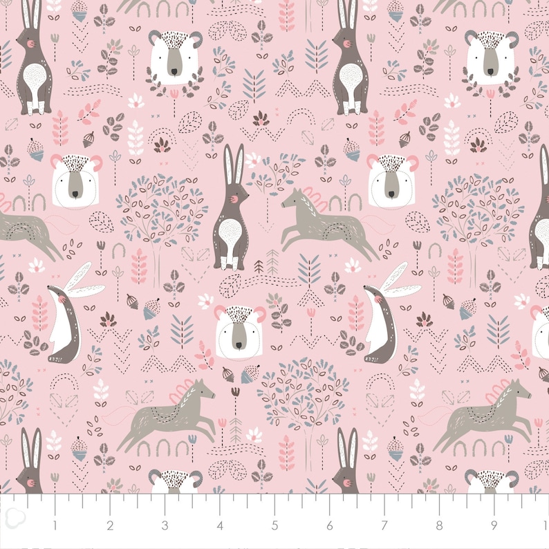 Pretty Little Woods Nursery Quilting Cotton Bunny Rabbits Girl Fabric Bears Camelot Woodland Fabric Bundle Brown Green Pink
