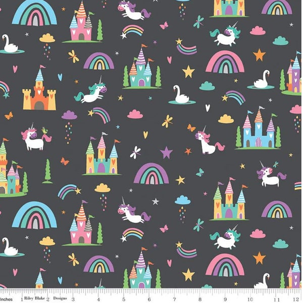 Unicorn Fabric, Riley Blake, Cotton Fabric, Quilting Cotton, Unicorn Kingdom, Main Black