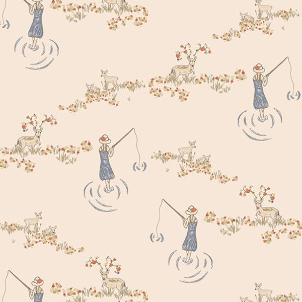 Girl Fishing Fabric, Deer Fabric, Art Gallery Fabrics,  Fawn Day 2, Quilting Weight, The Season of Tribute