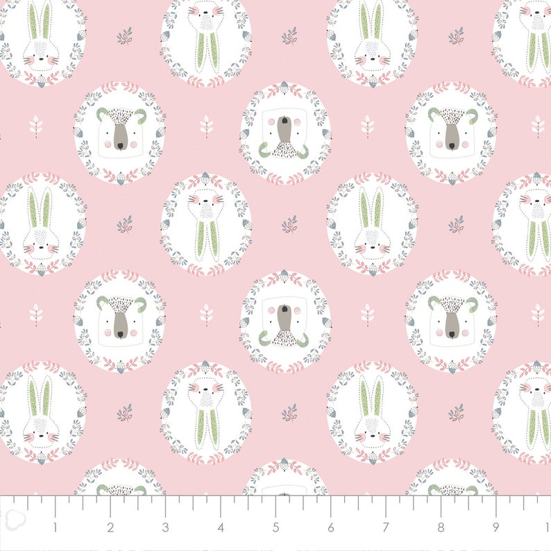 Pretty Little Woods Nursery Quilting Cotton Bunny Rabbits Girl Fabric Bears Camelot Woodland Fabric Bundle Brown Green Pink