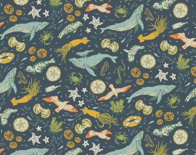 Organic Quilting Cotton, Marine Deep Blue Poplin, the Wild Coast by