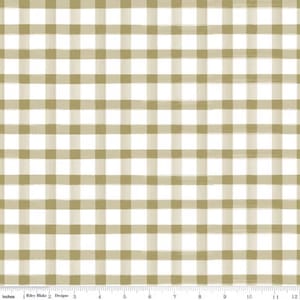 May include: White fabric with a brown and white gingham pattern. The fabric has a subtle brushstroke effect.