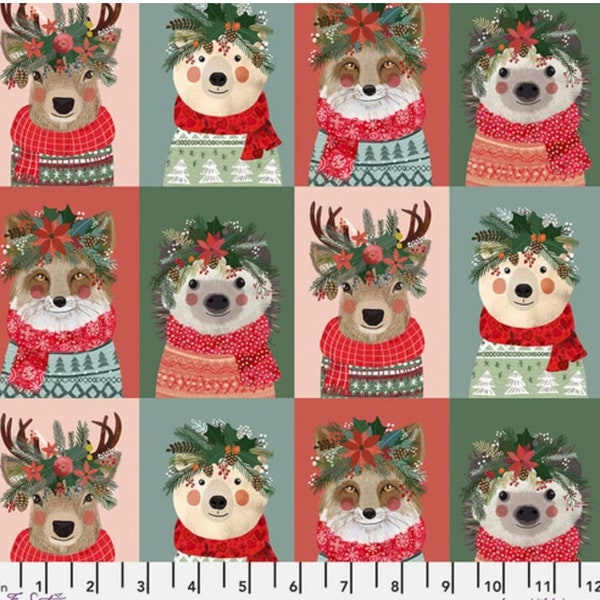 Christmas Squad, by Mia Charro, Free Spirit Fabrics, Novelty Fabric, Quilting Cotton, Woodland, Hedgehogs, reindeer, fox, bear