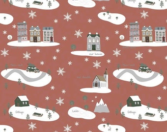 Christmas Village Fabric, Warm Wishes, Main in Redwood, Simple Simon and Company for Riley Blake, C10780-REDWOOD