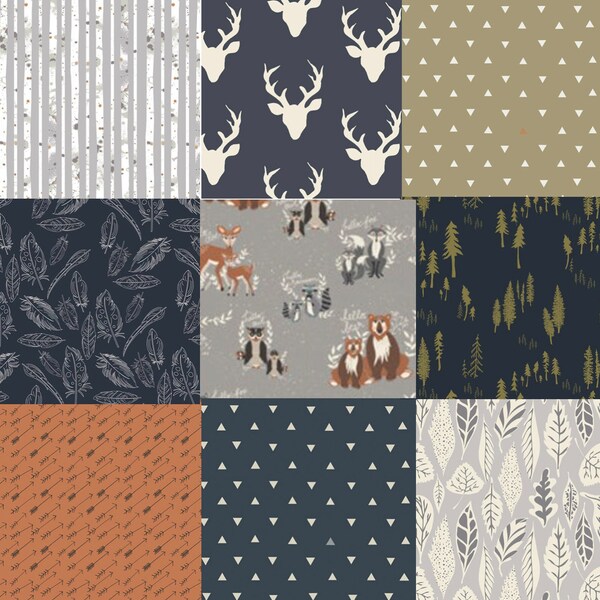 Fat Quarter Bundle, Woodland, Navy Blue, Quilting Bundle, Cotton Fabric, Elk, Stags, Deer Head, Antlers, Gray, Grey, Feathers, Baby Boy
