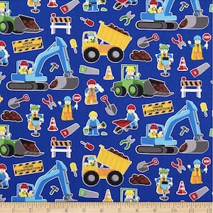 Lego Construction Worker Fabric, Blue Timeless Treasures, 100% cotton, quilting weight, boy fabric, dump truck, bulldozer, backhoe
