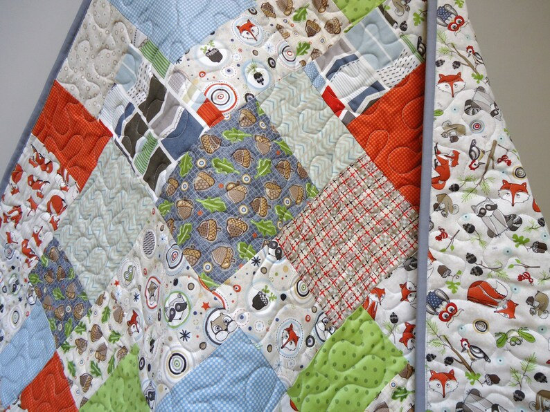 Modern Woodland Baby Boy Quilt, Fox Owl Raccoon Crib Bedding