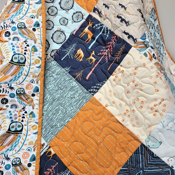 Baby Quilt, Boy, Woodland, Rustic, Deer, Bees, Navy Blue, Orange, Little Forester, Owl, Art Gallery Fabrics, Girl