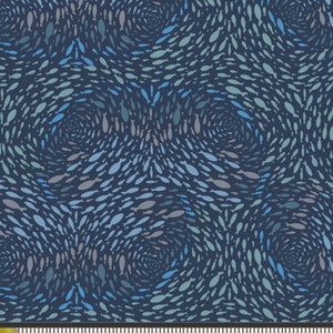 May include: A navy blue fabric with a repeating pattern of swirling schools of fish in shades of blue and gray.
