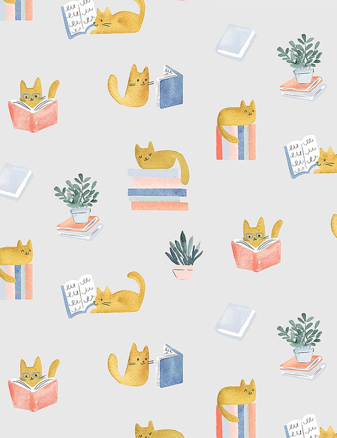 Cat and Books Fabric, STELLA-DCJ1687 Multi, Cat Library, Quilt Cotton ...