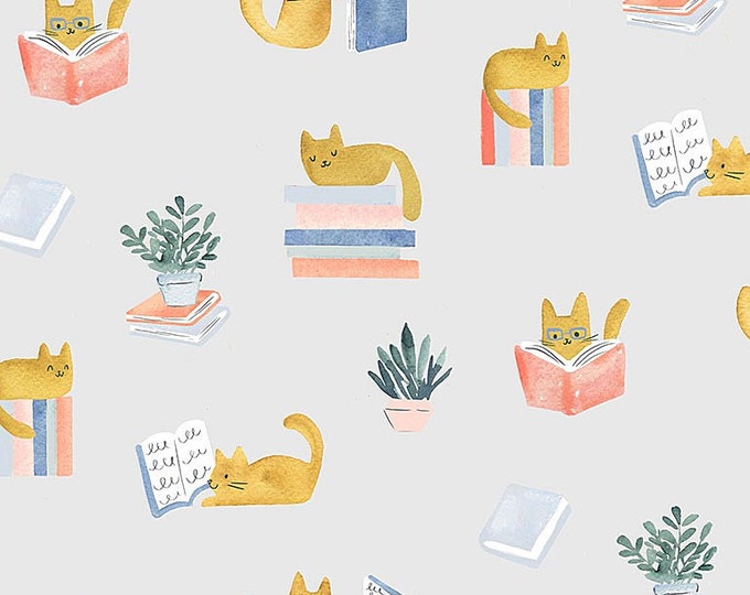 Cat and Books Fabric, STELLA-DCJ1687 Multi, Cat Library, Quilt Cotton ...