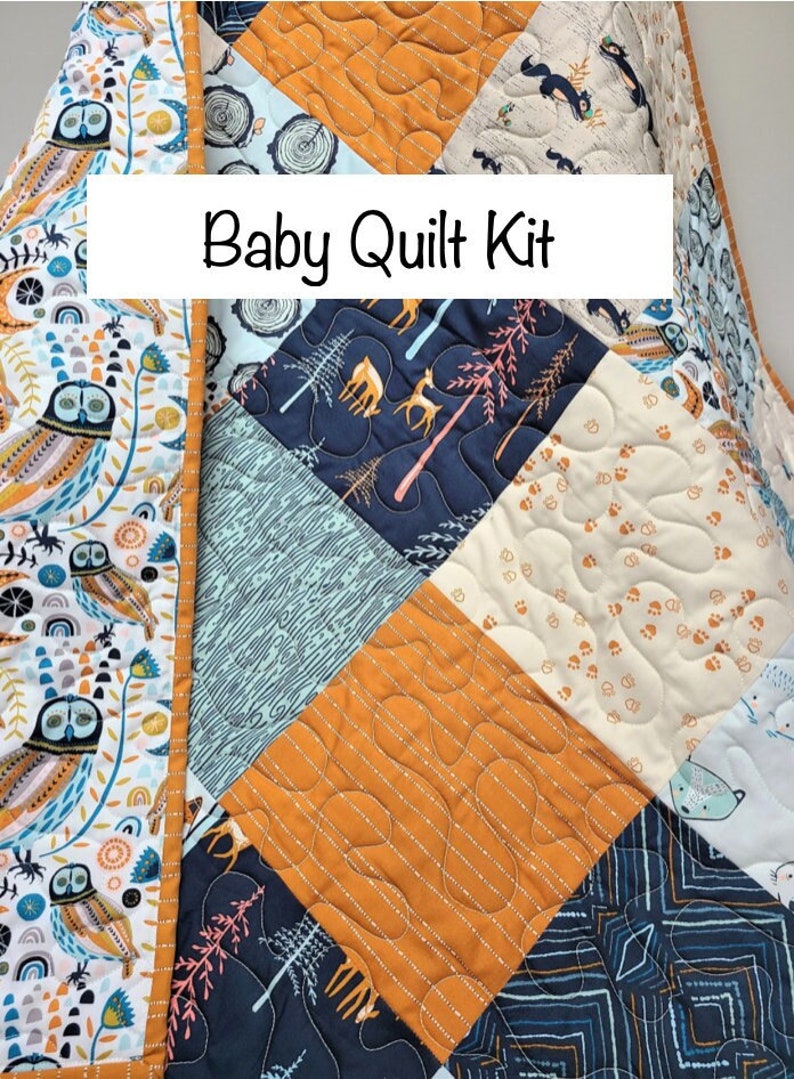Baby Quilt Kit, Boy, Woodland, Rustic, Deer, Bees, Navy Blue, Orange, Little Forester, Owl, Art Gallery Fabrics, Girl image 1