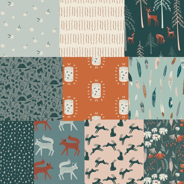 Woodland Fabric Bundle, Art Gallery Fabrics, Fox, Deer,  Campsite, Camping Theme, 10 piece fat quarter bundle, Quilting Cotton