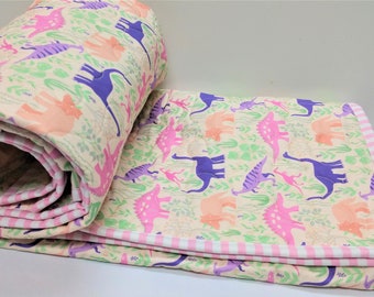 Dinosaur Quilt, Baby Girl, Toddler Bed, Modern, Aztec, Pink, Purple, Peach