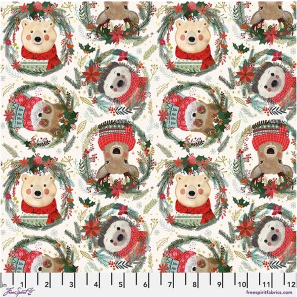 Fuzzy Friends, in Ivory, Christmas Squad, by Mia Charro, Free Spirit Fabrics, Novelty Fabric, Quilting Cotton