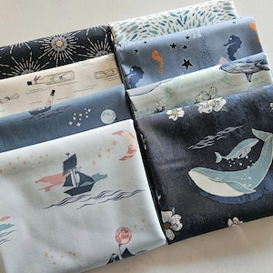 Fat Quarter Bundle, 8 piece, Art Gallery, Enchanted Voyage, Quilting Weight, Cotton, Fabric bundle, Baby Boy, Whales, Pirate Ship, Nautical