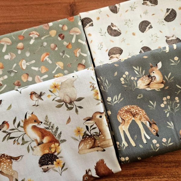 Little Fawn Woodland Theme Baby Fabric Bundle, Fawns, Mushrooms, Gray Cotton