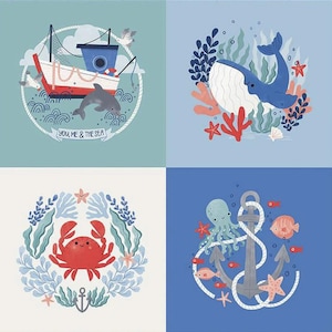 May include: A nautical-themed fabric panel featuring four square illustrations. The top left shows a boat with a dolphin and the text "YOU ME & THE SEA". The top right depicts a whale. The bottom left has a crab, and the bottom right shows an anchor with an octopus.