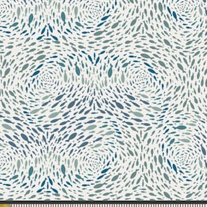 May include: A white fabric with a repeating pattern of blue and green fish silhouettes arranged in swirling circles.