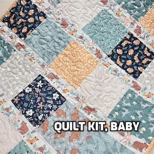 Easy Baby Quilt Kit, Woodland Animals, Boy, Navy Blue, Girl, Bear, Deer, Fox, Squirrel, Owl, Rabbit, Mushrooms, DIY