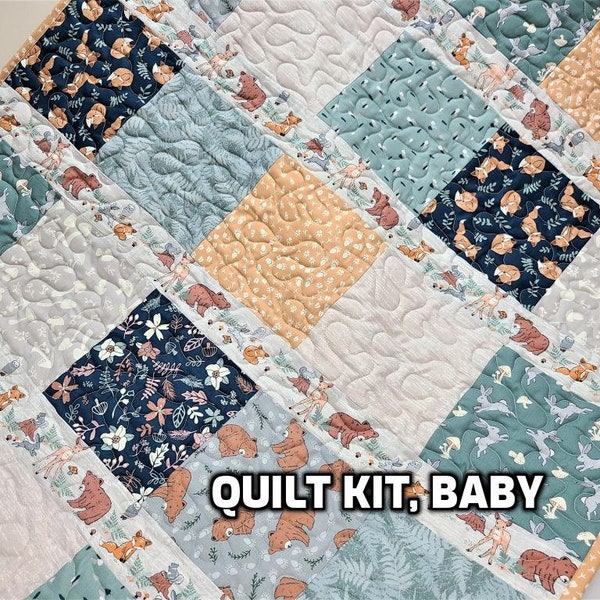 Easy Baby Quilt Kit, Woodland Animals, Boy, Navy Blue, Girl, Bear, Deer, Fox, Squirrel, Owl, Rabbit, Mushrooms, DIY