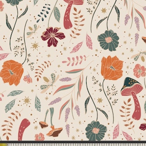 May include: A cream-coloured fabric with a repeating pattern of orange, red, green, and purple flowers, mushrooms, and leaves. The fabric is decorated with gold stars and dots.