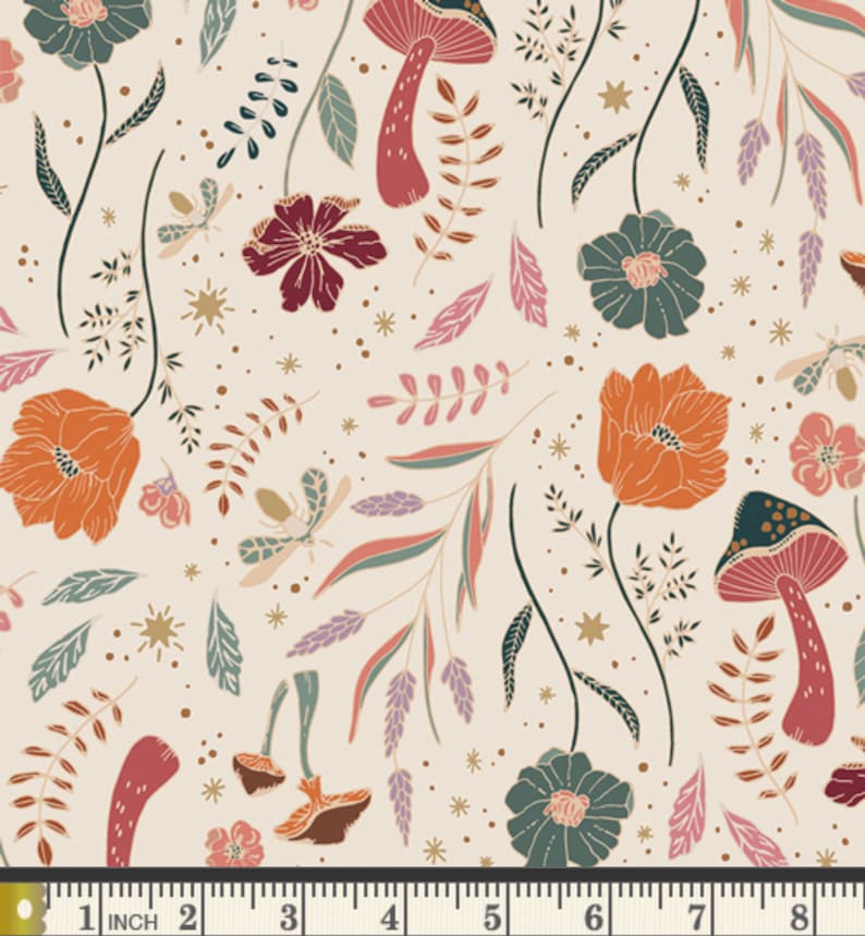 May include: A cream-coloured fabric with a repeating pattern of orange, red, green, and purple flowers, mushrooms, and leaves. The fabric is decorated with gold stars and dots.