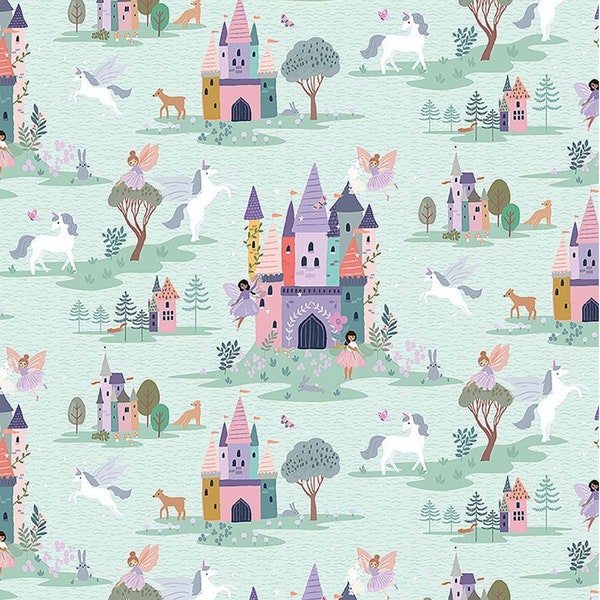 Unicorn Fairy Castle Fabric, Dear Stella, FAIRY TOILE, STELLA-D2331, Aqua blue, girly fabric